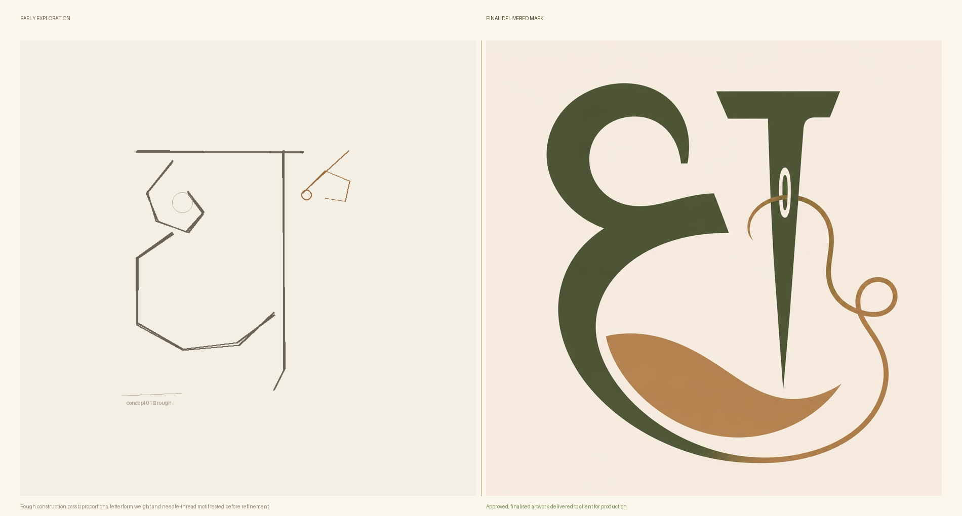 From rough construction sketch to the finalised, client-approved mark, on a proportion grid.
